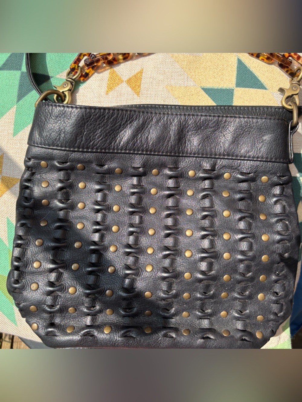 Frye Black Jada Leather Studded Shoulder Bag with Tortoiseshell Chain